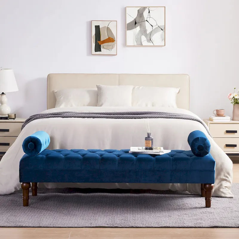 Tufted Velvet Upholstered Bench with Bolster Pillows Grey Beige Blue Pink