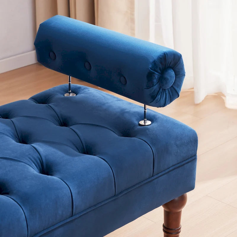 Tufted Velvet Upholstered Bench with Bolster Pillows Grey Beige Blue Pink