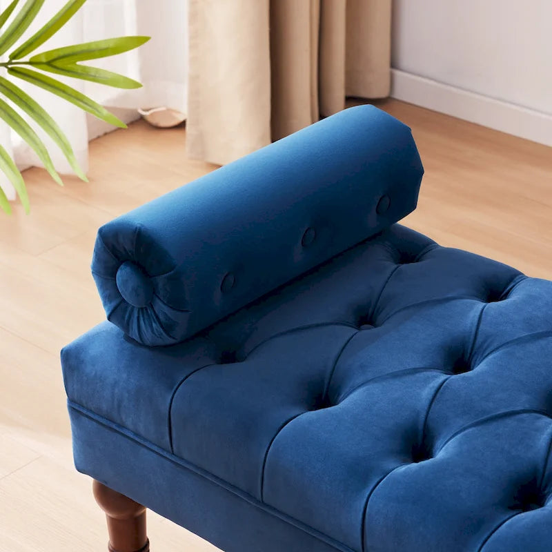 Tufted Velvet Upholstered Bench with Bolster Pillows Grey Beige Blue Pink
