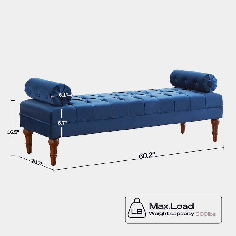 Tufted Velvet Upholstered Bench with Bolster Pillows Grey Beige Blue Pink