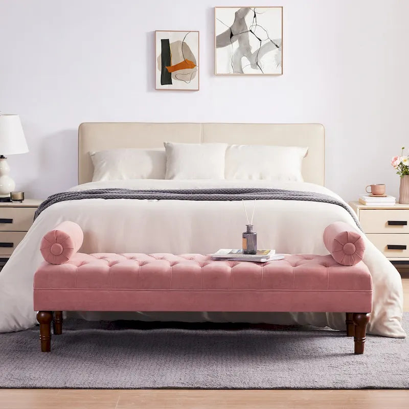 Tufted Velvet Upholstered Bench with Bolster Pillows Grey Beige Blue Pink