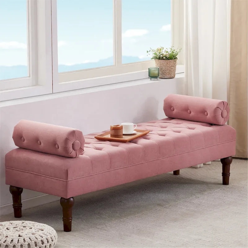 Tufted Velvet Upholstered Bench with Bolster Pillows Grey Beige Blue Pink