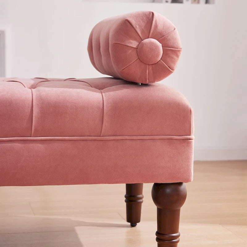 Tufted Velvet Upholstered Bench with Bolster Pillows Grey Beige Blue Pink