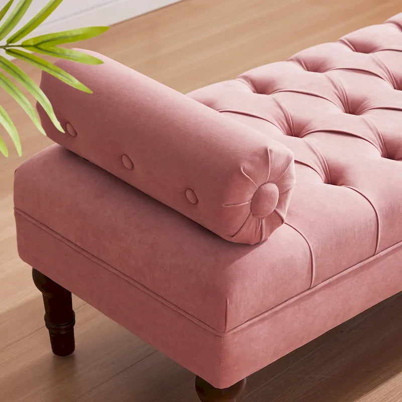Tufted Velvet Upholstered Bench with Bolster Pillows Grey Beige Blue Pink