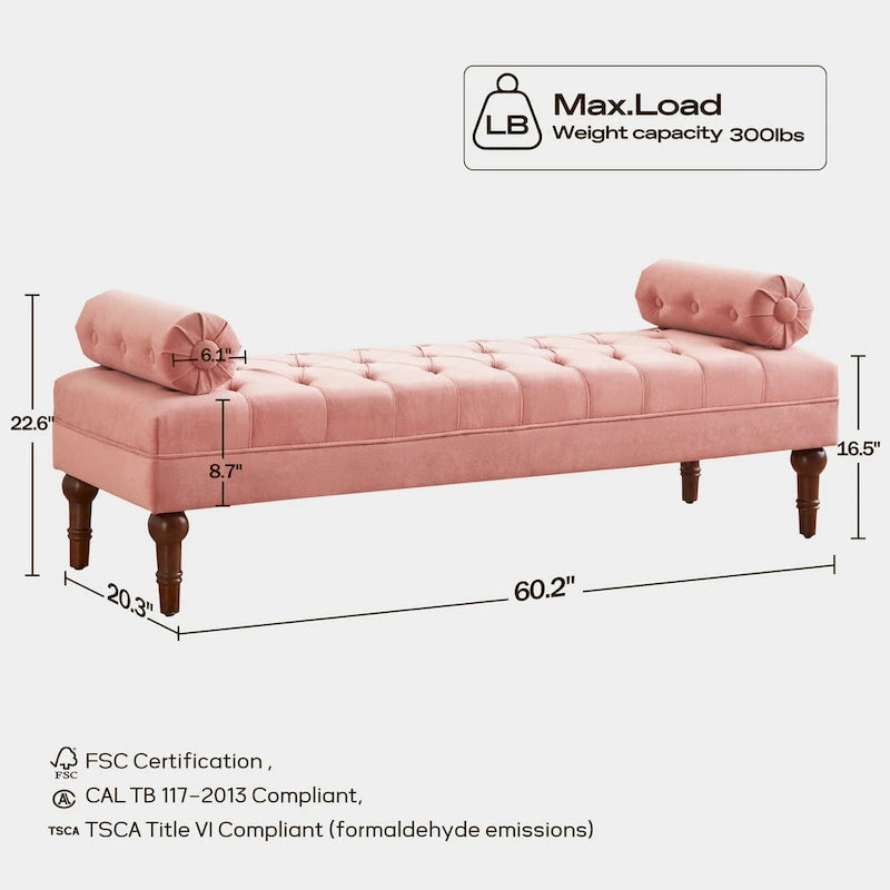 Tufted Velvet Upholstered Bench with Bolster Pillows Grey Beige Blue Pink