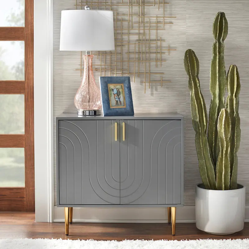 Mid-Century Two Door Buffet Cabinet with Wave Design Grey Blue