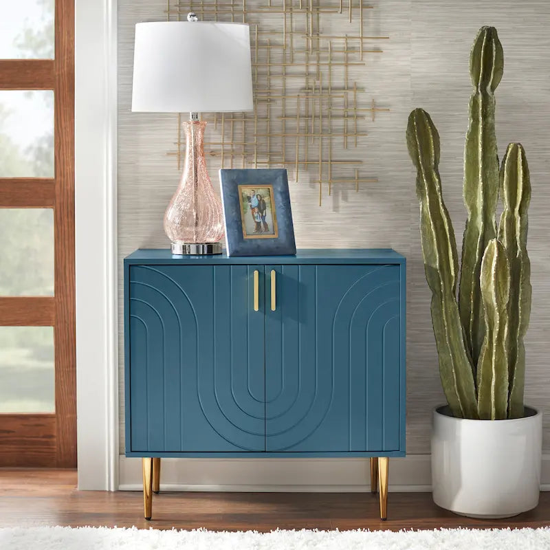 Mid-Century Two Door Buffet Cabinet with Wave Design Grey Blue