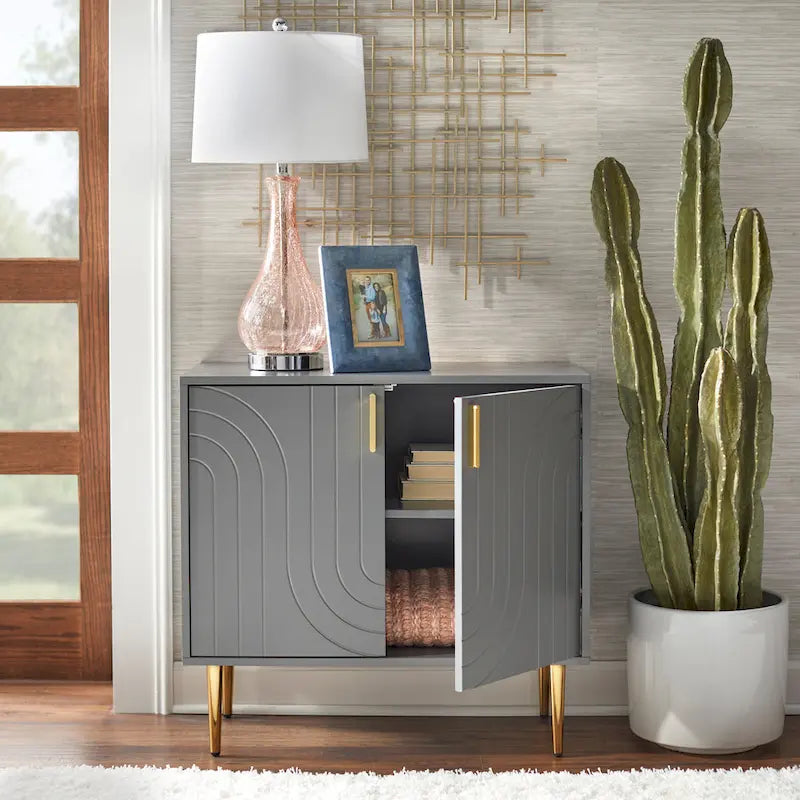 Mid-Century Two Door Buffet Cabinet with Wave Design Grey Blue