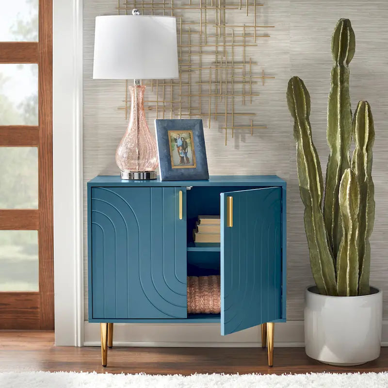 Mid-Century Two Door Buffet Cabinet with Wave Design Grey Blue