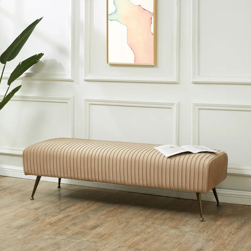 Ribbed Velvet Upholstered Accent Bench Brass Legs Multi-Color Living Room