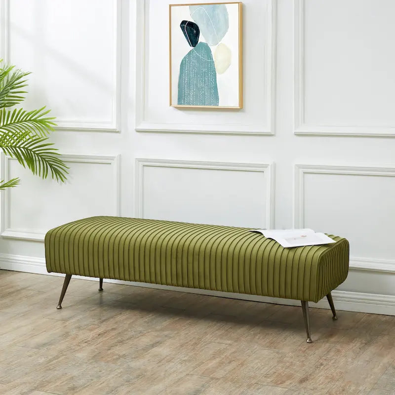 Ribbed Velvet Upholstered Accent Bench Brass Legs Multi-Color Living Room