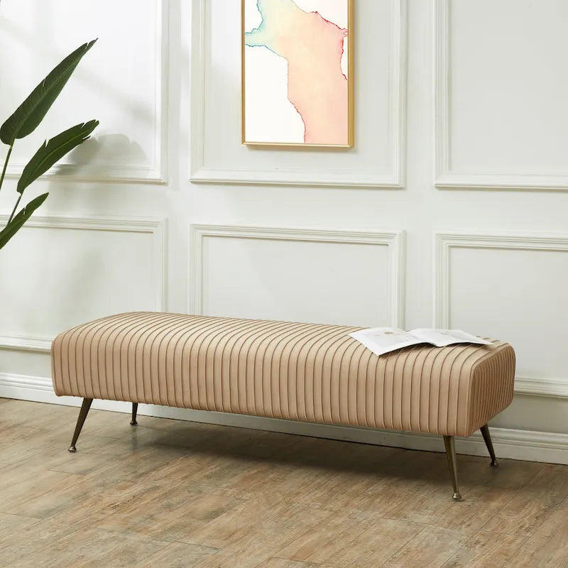 Ribbed Velvet Upholstered Accent Bench Brass Legs Multi-Color Living Room