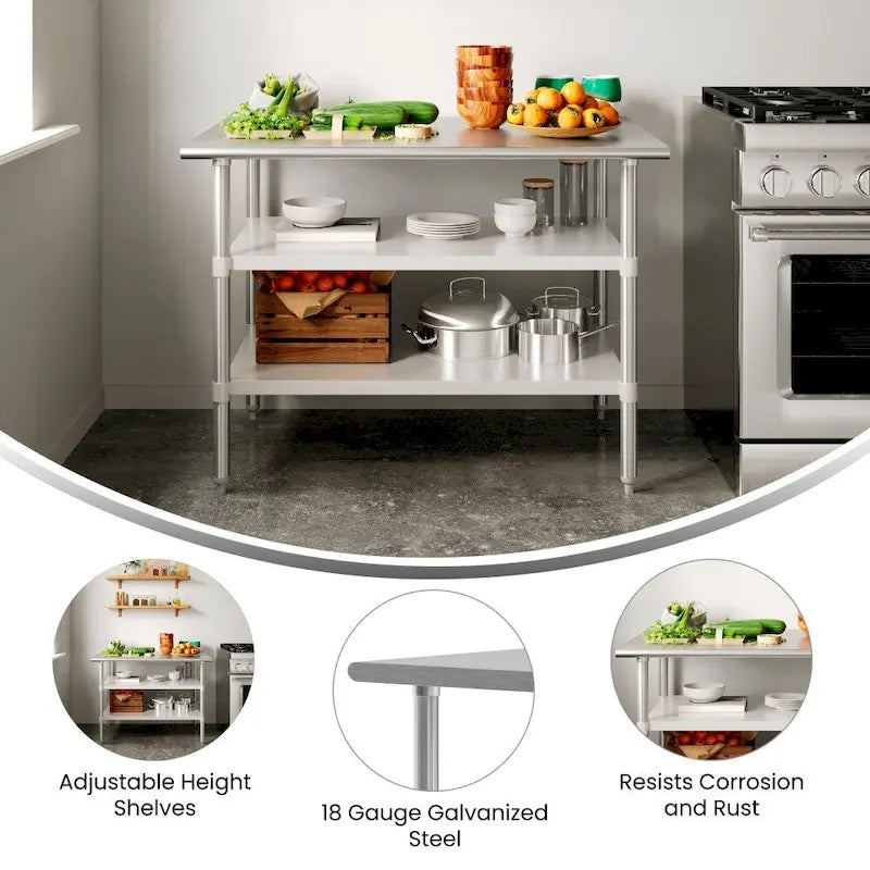 18-Gauge Stainless Steel Commercial Work Table with Adjustable Undershelves