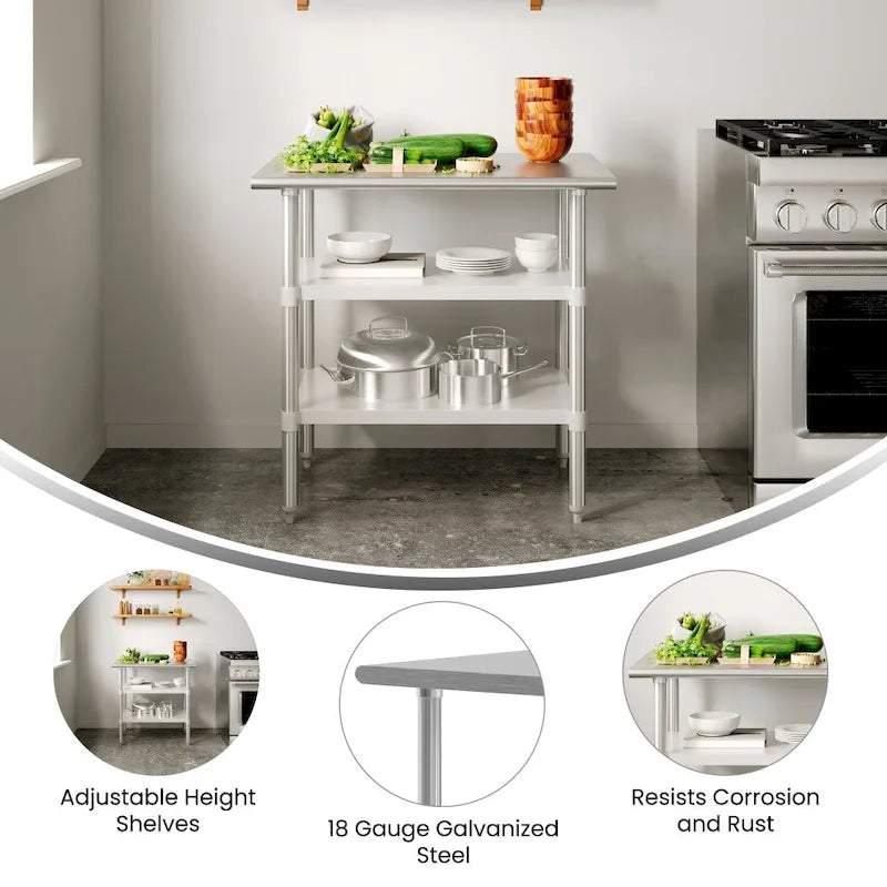 18-Gauge Stainless Steel Commercial Work Table with Adjustable Undershelves