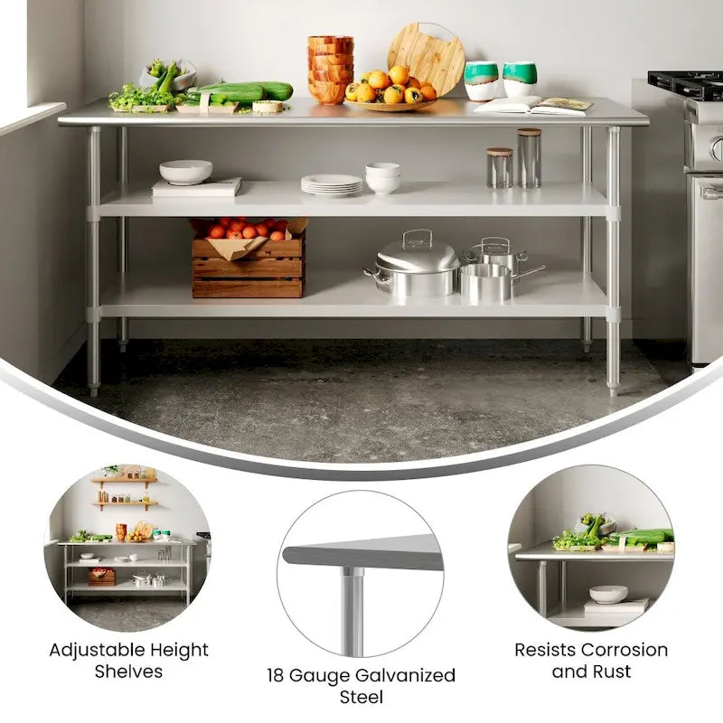 18-Gauge Stainless Steel Commercial Work Table with Adjustable Undershelves