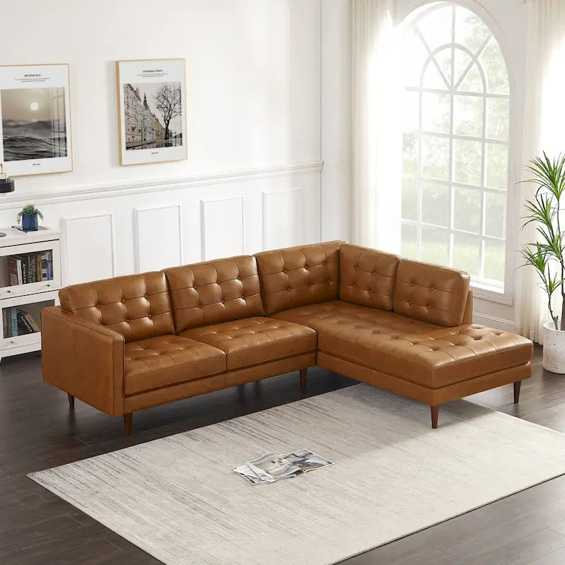 Tufted Mid-Century Genuine Leather L-Shaped Sectional Sofa Cognac Tan