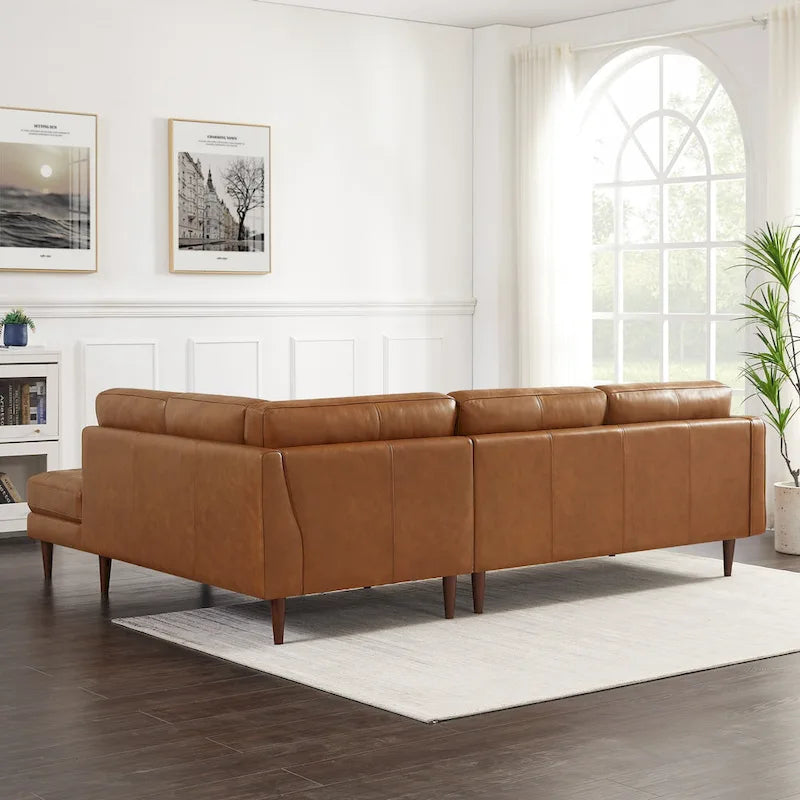 Tufted Mid-Century Genuine Leather L-Shaped Sectional Sofa Cognac Tan