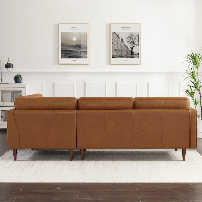 Tufted Mid-Century Genuine Leather L-Shaped Sectional Sofa Cognac Tan
