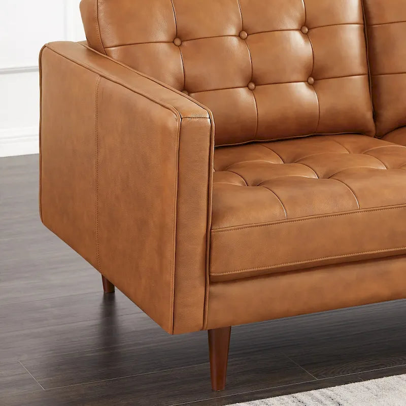 Tufted Mid-Century Genuine Leather L-Shaped Sectional Sofa Cognac Tan