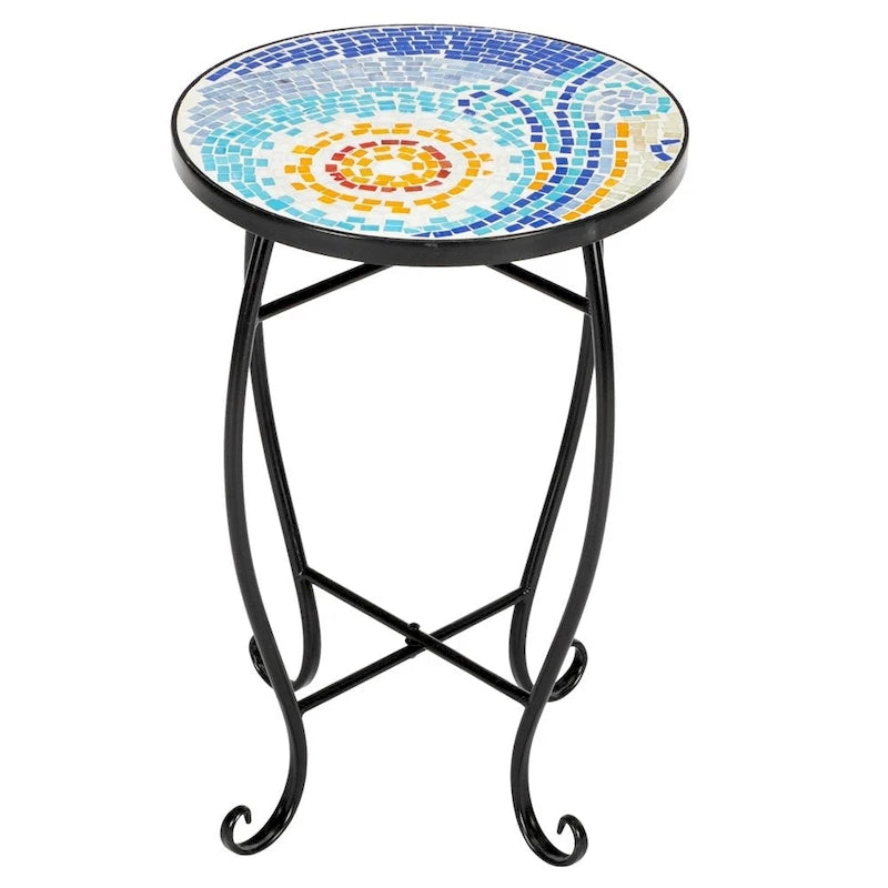 Round Mosaic Glass Top Side Table Blue Yellow Green Multicolor Outdoor