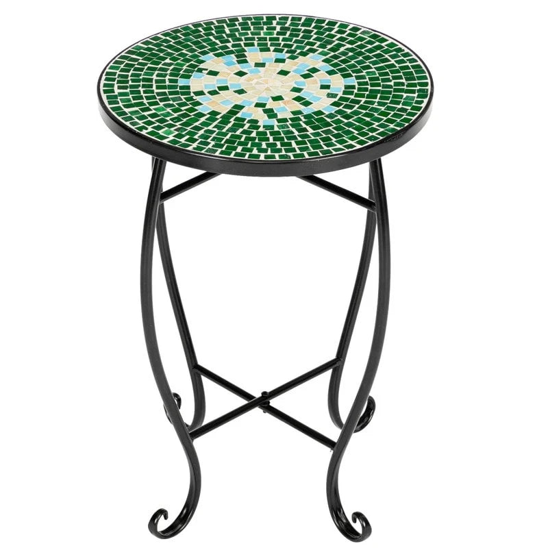 Round Mosaic Glass Top Side Table Blue Yellow Green Multicolor Outdoor
