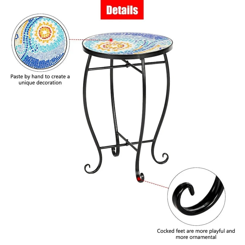 Round Mosaic Glass Top Side Table Blue Yellow Green Multicolor Outdoor