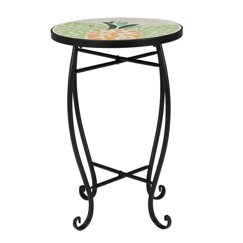 Round Mosaic Glass Top Side Table Blue Yellow Green Multicolor Outdoor