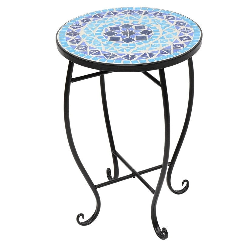 Round Mosaic Glass Top Side Table Blue Yellow Green Multicolor Outdoor