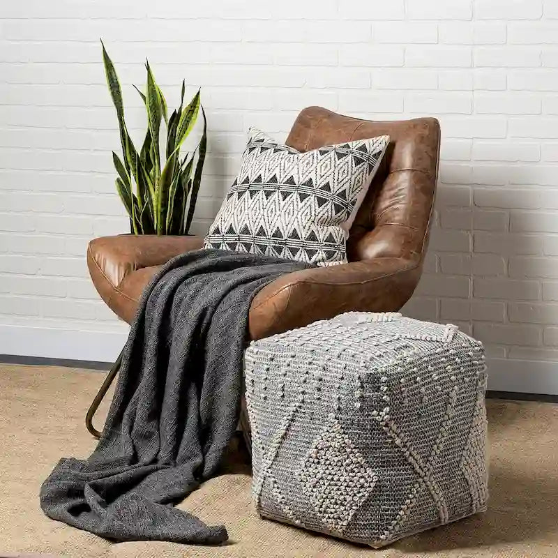 Elegant Grey Cream Handwoven Polyester Square Pouf Accent Footrest Seat