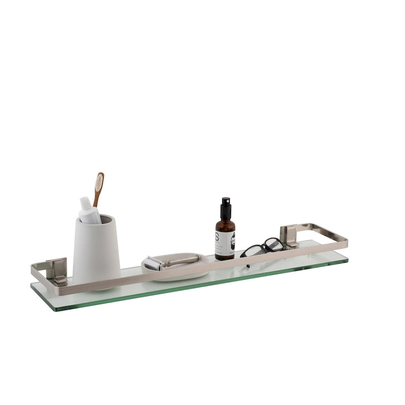 Wall Mounted Glass Shelf with Rail Nickel Finish Bathroom Storage Organizer