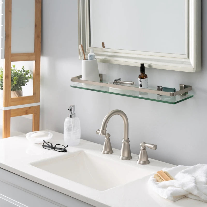 Wall Mounted Glass Shelf with Rail Nickel Finish Bathroom Storage Organizer