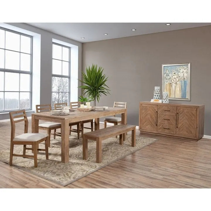 Solid Pine Wood Weathered Dining Table Chevron Inlay Natural Brown