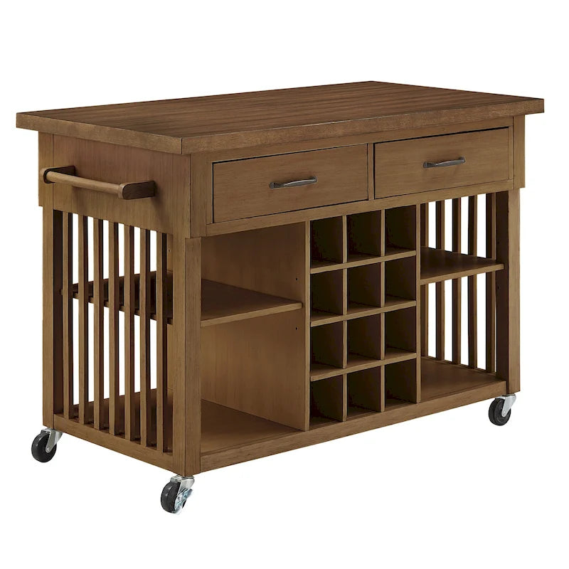 Rolling Kitchen Island Cart with Wine Rack Drawers Oak Wood