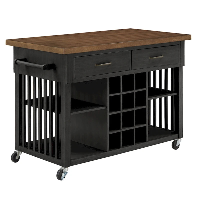 Rolling Kitchen Island Cart with Wine Rack Drawers Oak Wood