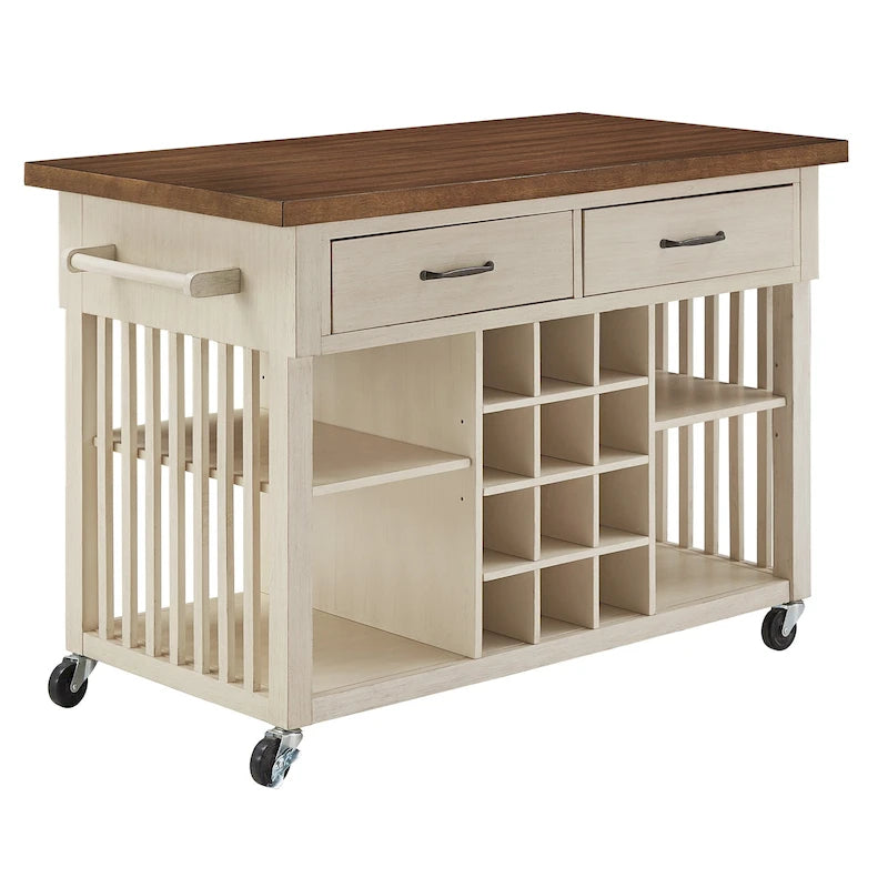 Rolling Kitchen Island Cart with Wine Rack Drawers Oak Wood