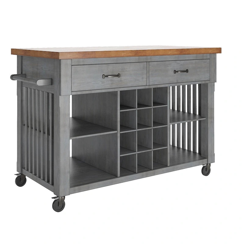 Rolling Kitchen Island Cart with Wine Rack Drawers Oak Wood