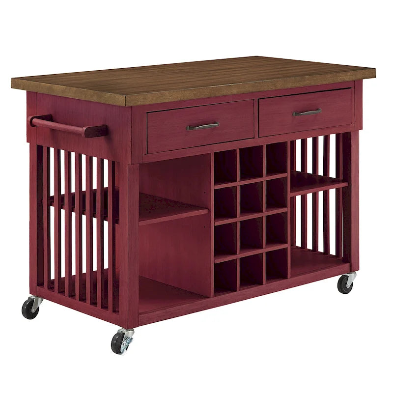 Rolling Kitchen Island Cart with Wine Rack Drawers Oak Wood
