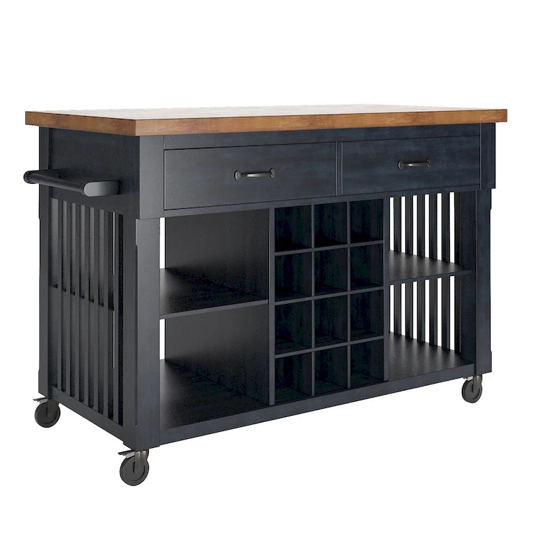 Rolling Kitchen Island Cart with Wine Rack Drawers Oak Wood