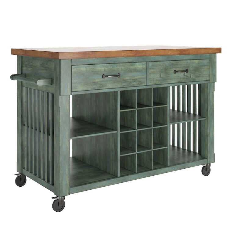 Rolling Kitchen Island Cart with Wine Rack Drawers Oak Wood