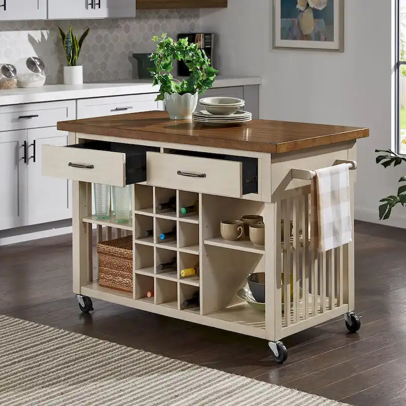Rolling Kitchen Island Cart with Wine Rack Drawers Oak Wood