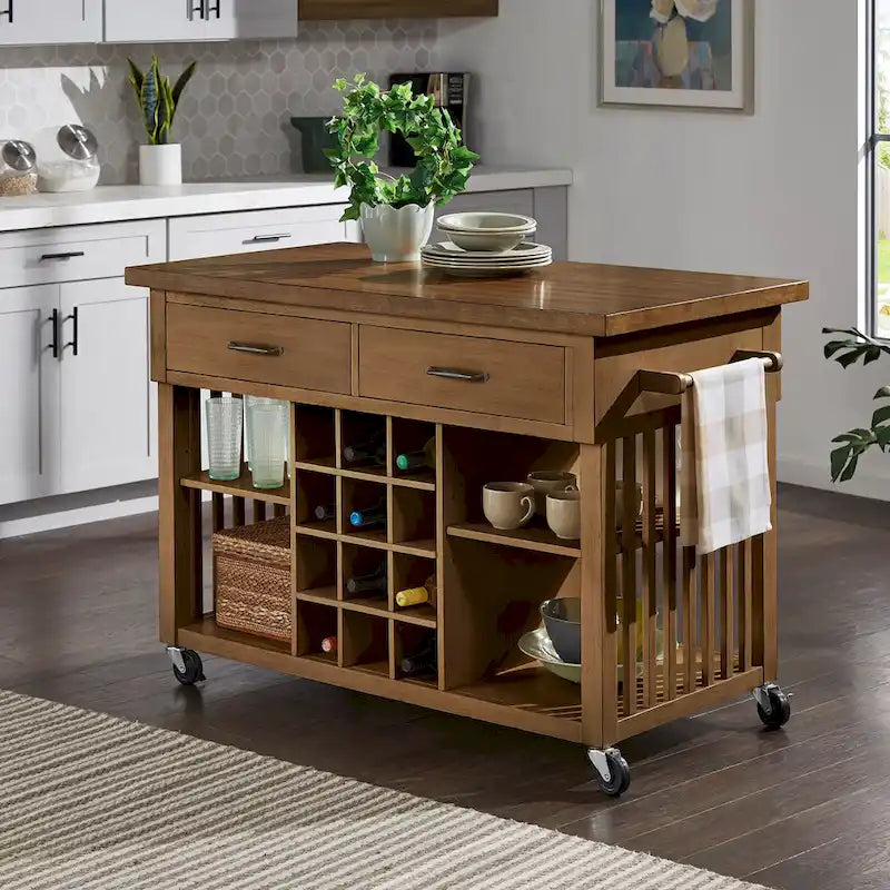 Rolling Kitchen Island Cart with Wine Rack Drawers Oak Wood