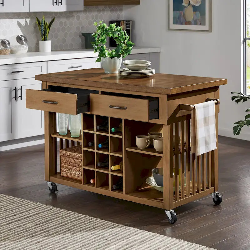 Rolling Kitchen Island Cart with Wine Rack Drawers Oak Wood