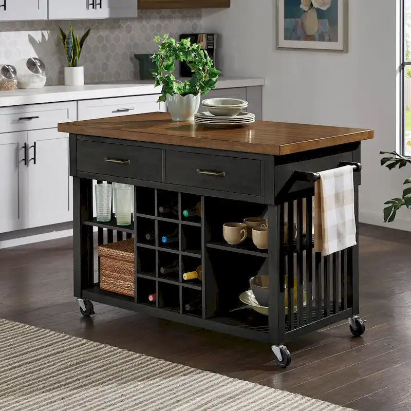 Rolling Kitchen Island Cart with Wine Rack Drawers Oak Wood