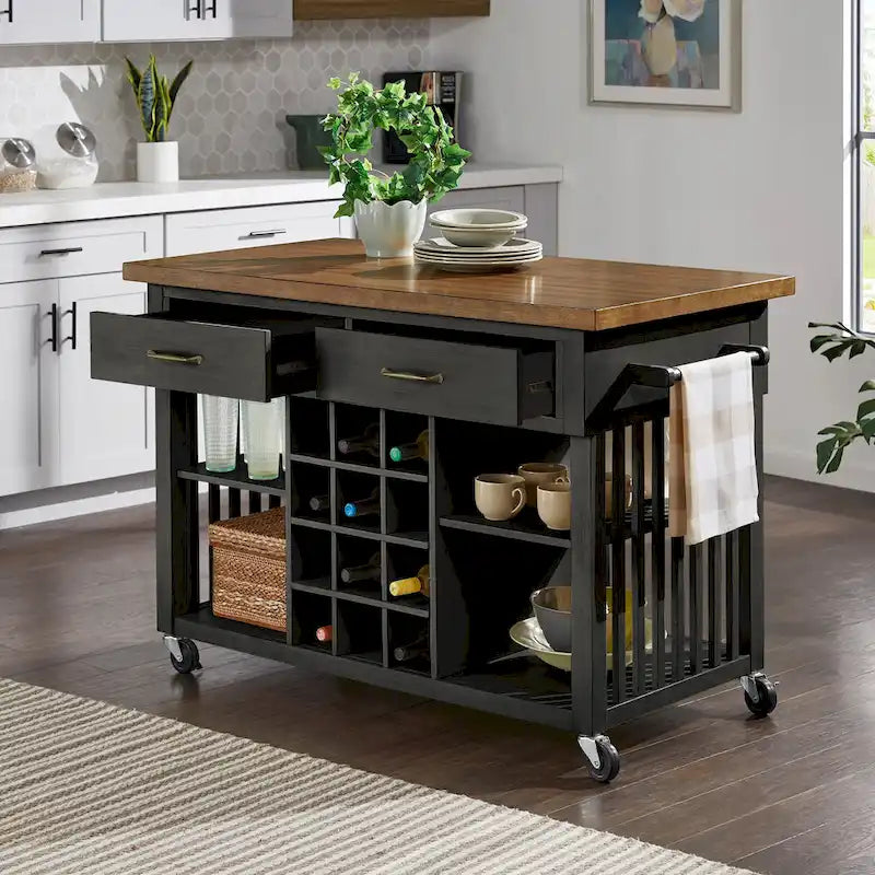 Rolling Kitchen Island Cart with Wine Rack Drawers Oak Wood