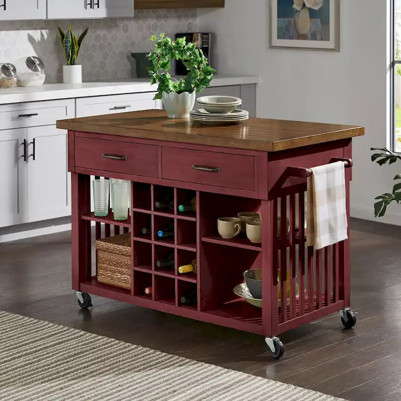 Rolling Kitchen Island Cart with Wine Rack Drawers Oak Wood