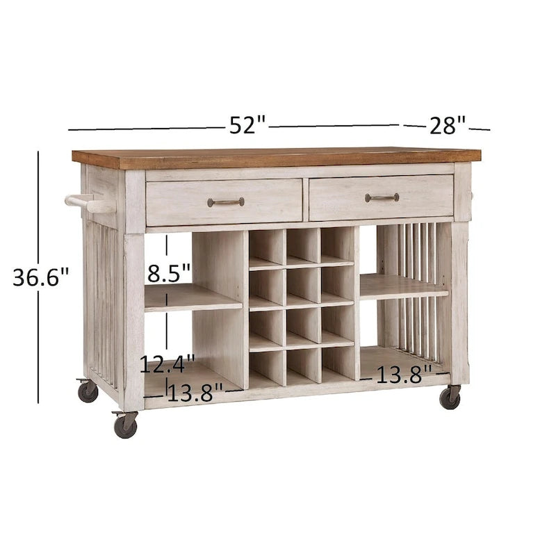 Rolling Kitchen Island Cart with Wine Rack Drawers Oak Wood
