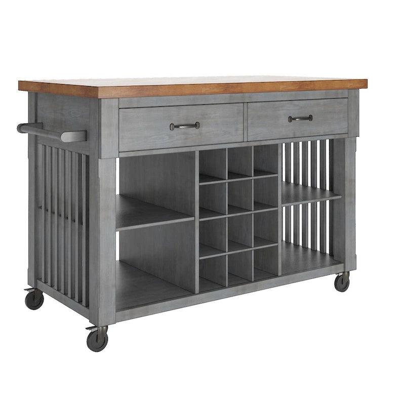 Rolling Kitchen Island Cart with Wine Rack Drawers Oak Wood