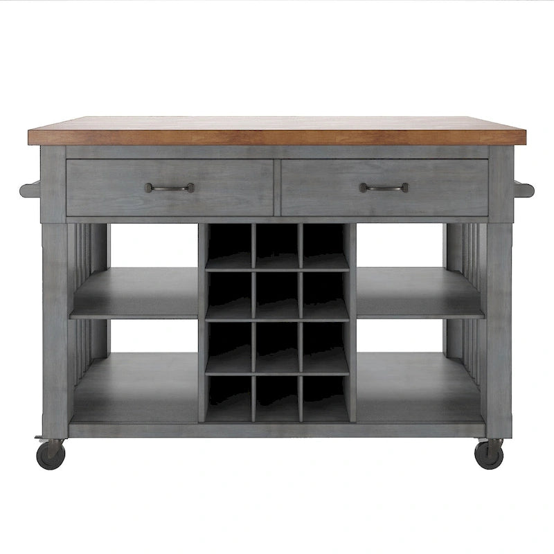 Rolling Kitchen Island Cart with Wine Rack Drawers Oak Wood