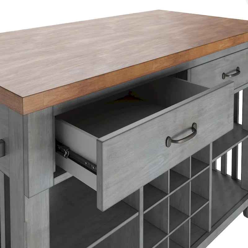 Rolling Kitchen Island Cart with Wine Rack Drawers Oak Wood
