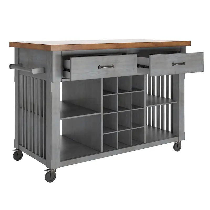 Rolling Kitchen Island Cart with Wine Rack Drawers Oak Wood